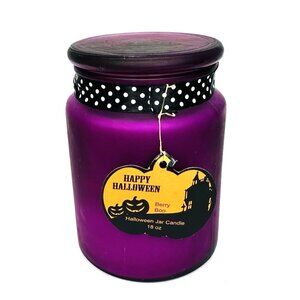 Frosted Glass Jar Candle Halloween Berry Boo 18 oz Purple Black White Ribbon